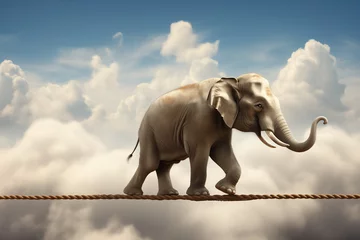 Foto op Aluminium Elephant is balancing on the rope in the cloudy sky background. Generative ai © Andrii