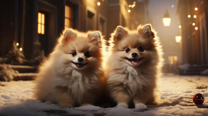 Two cute puppies in dreamy Christmas village, magic. Ai generative - obrazy, fototapety, plakaty