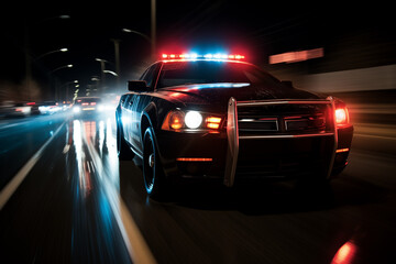 Police Car Riding fast on the Night Road. Generative ai