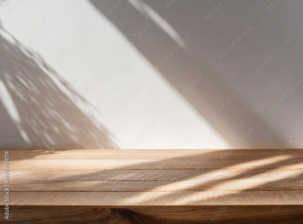 Poster Empty minimal natural wooden table counter podium, beautiful wood grain in sunlight, shadow on white wall for luxury cosmetic, skincare, beauty treatment, decoration product display