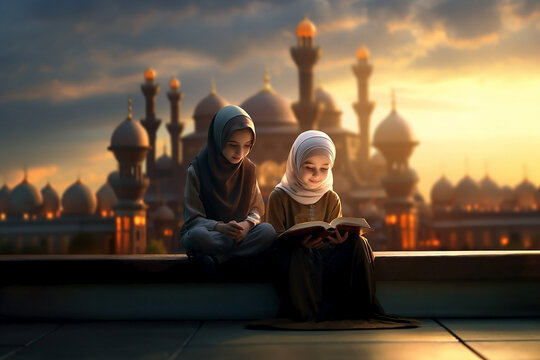 A Muslim girl in a hijab and her sister are reading a book in front of a mosque. I am reading Koran. Training and education. Generative AI