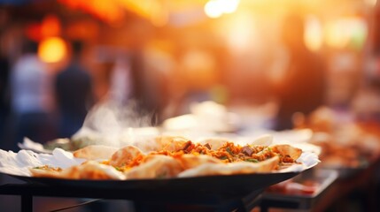 Close-up of a vibrant street food dish, blurred background of a bustling market
