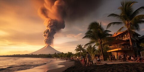 Krakatoa Unleashed: A haunting view of the eruption aftermath with an ash cloud, global waves, and panic at a holiday resort, as disaster strikes, leading to chaos and a frantic evacuation - obrazy, fototapety, plakaty