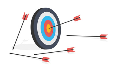 Target with arrows. Lots arrows missed hitting target mark and only one hits the center. No need to be upset, try a lot, you will definitely achieve your goals. Business concept. Flat Vector isolated - obrazy, fototapety, plakaty
