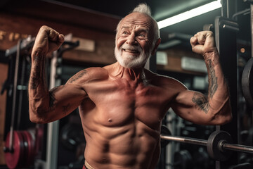 Old athle Muscula. Fitness man at workout. Elderly pensioner old man smiling in gym. 60-70 Year Old Bodybuilder. Funny old grandfather in gym. Pensioner with smile lifts weight in sports club.