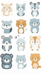 Funny cute bears and animals on a white background,  illustration