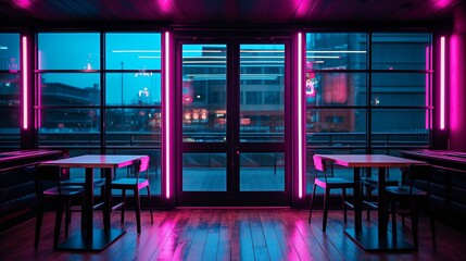 view of a cafe with neon lights and LED strips - obrazy, fototapety, plakaty