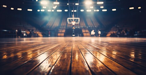 Empty basketball court has a spotlight shining on it.