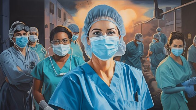 an oil painting of several people dressed in surgical gear and masks