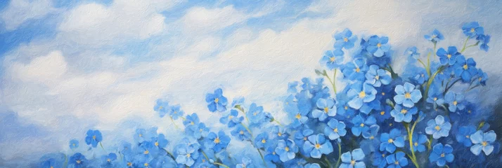 Fototapeten Impasto oil painting of blooming forget-me-nots or scorpion grasses. Beautiful artistic image with canvas texture, ideal as web banner for spring and nature concepts.  © Aul Zitzke