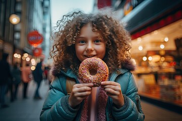 Girl eating a doughnut in the city - obrazy, fototapety, plakaty