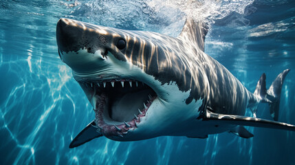 Photo of a great white shark swimming in the water with open mouth and teeth