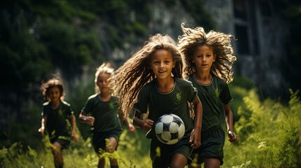 young girls playing soccer outside on a field