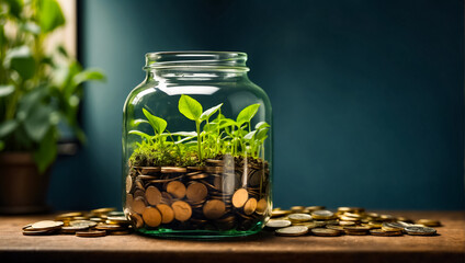 Glass jar Coins and green sprouts save - obrazy, fototapety, plakaty