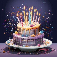 Tort urodzinowy, balony i konfetti - obrazy, fototapety, plakaty