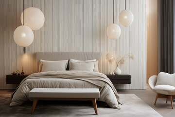Fototapeta na wymiar A mid-century bedroom with a floating nightstand, globe pendant lights, and textured wall panels