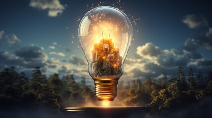 light bulb launching like a rocket with nature background