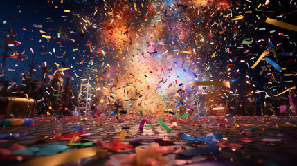 Celebration background template with confetti and variety colors ribbons. AI generative.