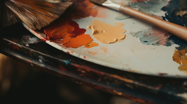 Close-up of a painter's palette and brush, blurred background of an in-progress painting