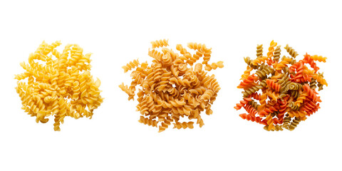 Variety of fusilli pasta on transparent background. Top view. Rectangular format. 