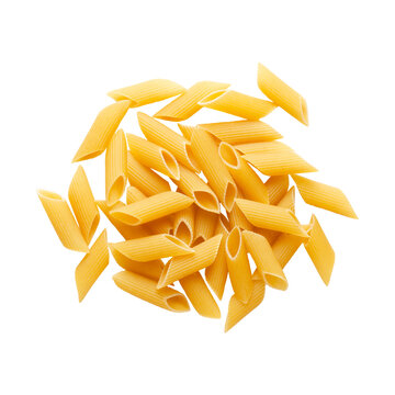 A heap of penne pasta on transparent background. Top view. 