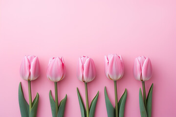 Frame with bouquet of Pink Tulips Flowers, Mother s Day, 8 March, anniversary, pink background. Empty Space