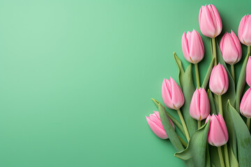 Frame with bouquet of Pink Tulips Flowers, Mother s Day, 8 March, anniversary, green background.  Empty Space