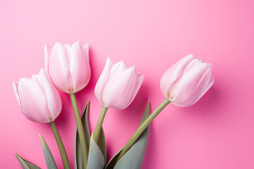 Obraz premium Frame with bouquet of Pink Tulips Flowers, Mother s Day, 8 March, anniversary, pink background. Empty Space