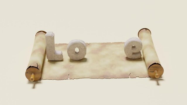 3d animation of an ancient manuscript, a book scroll made of parchment or papyrus. The flower opens and the text LOVE with a heart appears. Animation for Valentine's Day