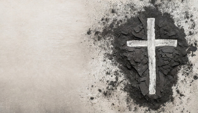 Christian cross drawing in ash as symbol of religion. Sacrifice, Jesus Christ, Ash Wednesday concept