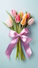 A beautiful bouquet of tulips tied with a satin ribbon, the concept of spring and women's holiday March 8, birthday
