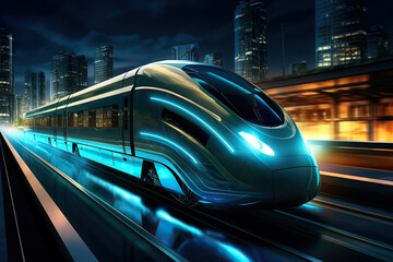 Ai generated image of futuristic train. Blue and yellow tones.	