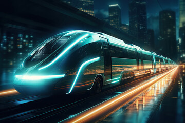 Ai generated image of futuristic train. Blue and yellow tones.	