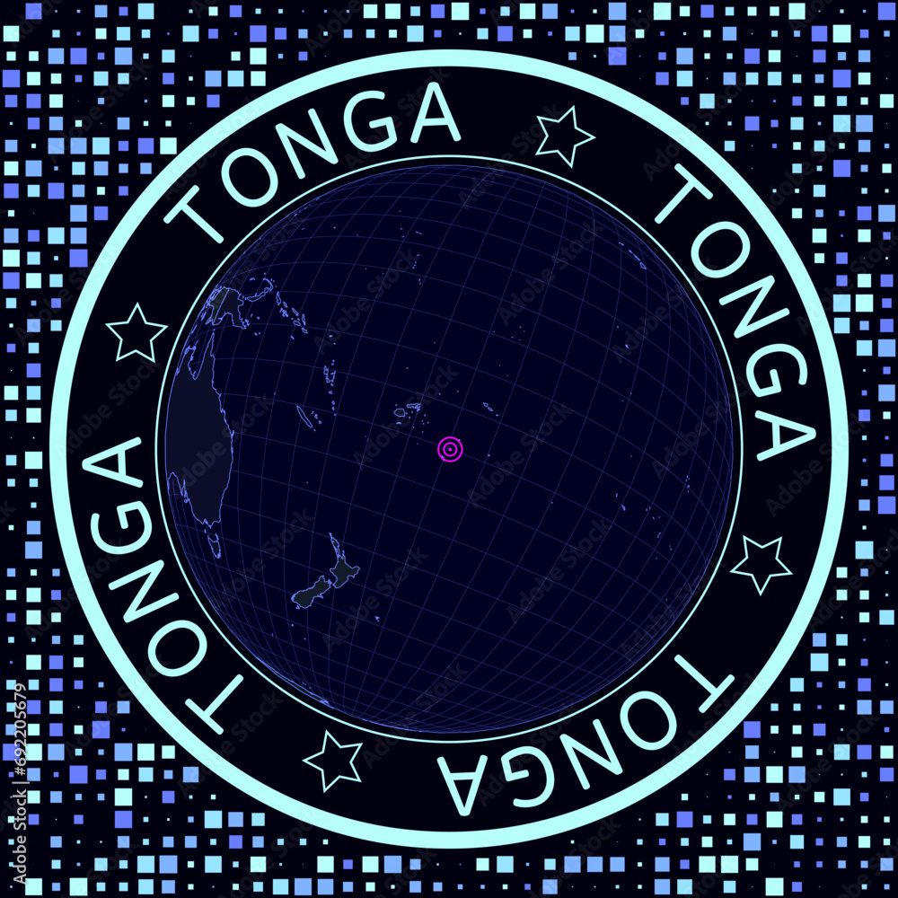 Poster tonga on globe vector. futuristic satellite view of the world centered on tonga. geographical illust