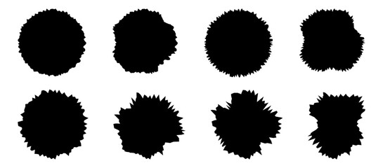 Set of round stickers with torn edges. Black hole with sharp edges. Silhouette of crumpled paper