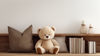 a room with a realistic photo featuring a teddy bear and open books arranged on a wooden table, in a minimalist modern style to evoke a sense of simplicity and warmth in the reading space.