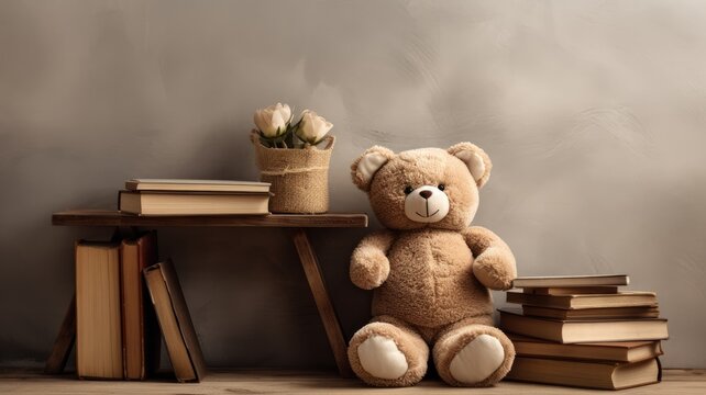 a room with a realistic photo featuring a teddy bear and open books arranged on a wooden table, in a minimalist modern style to evoke a sense of simplicity and warmth in the reading space.
