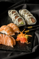 Delicious sushi rolls ready to eat
