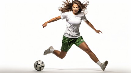 young female soccer player kicking a ball - obrazy, fototapety, plakaty