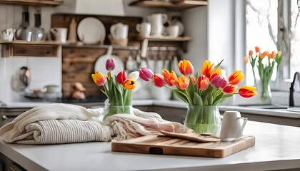 kitchen decorated for spring with tulips in a vase on the table, cozy blankets and pillows