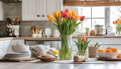 kitchen decorated for spring with tulips in a vase on the table, cozy blankets and pillows
