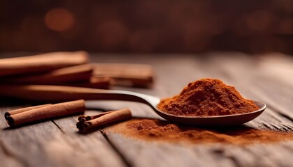 Spoon with cinnamon powder and sticks on wooden table, closeupx