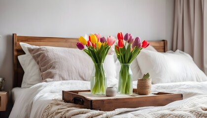 bedroom decorated for spring with tulips in a vase on the table, cozy blankets and pillows