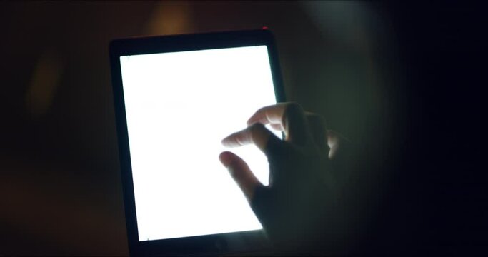 Tablet, screen and hands in city closeup at night for social media, space or communication, chat or email. Digital, space and person on balcony for internet, search or travel, taxi or quote request