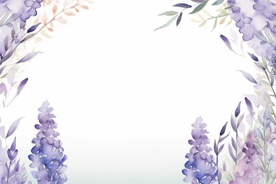 Lovely wedding invitation with a watercolor border of lavender and lilac flowers with copy space