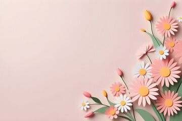 Pink and white daisy flowers on pastel pink background with copy space