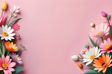 Colorful spring flowers on a pink background. Vector paper illustration.