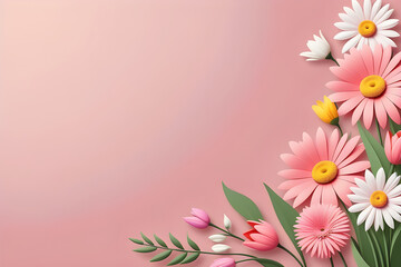 Beautiful floral background with daisies and tulips. Place for text, spring banner on soft pink background