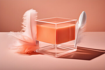 candle in square shape, with feather on background color pantone 2024 peach fuzz