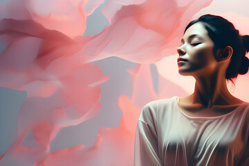 Beautiful young woman with pink abstract background. Beauty, fashion.
